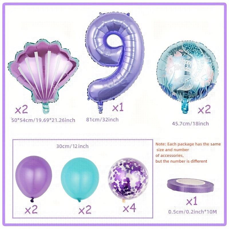 Mermaid Balloon Set Purple Number Balloon Shell Birthday Shower Party Decoration