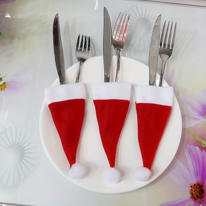 10pcs Mini Santa Hats & Tableware Sets - Christmas Party Sparkle