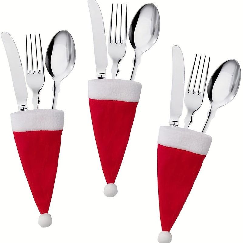 10pcs Mini Santa Hats & Tableware Sets - Christmas Party Sparkle