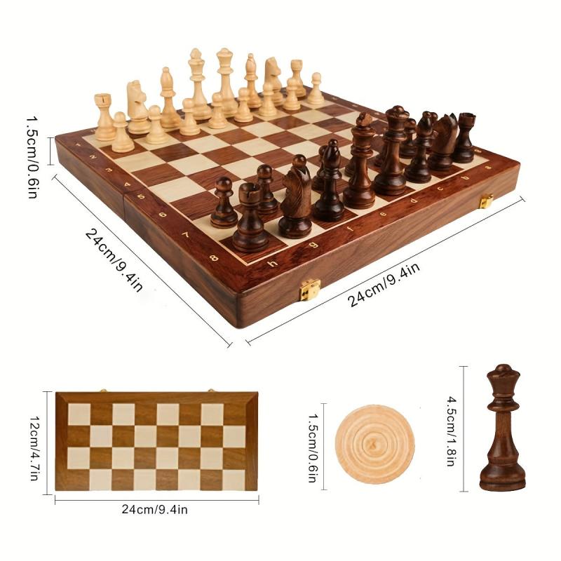 3-in-1 Solid Wood High Chess Foldable Puzzle Board Game Toys