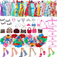 Doll Outfit Set Shoes Boots Mini Dress Handbags Crown Hangers Glasses