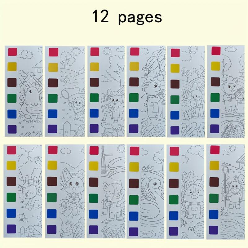 12pcs Kids Watercolor Coloring Book Set with Paint Pens & Paper