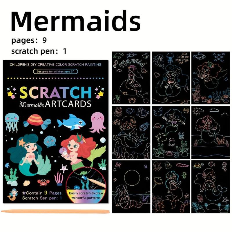 9pcs Scratch Drawing Craft Kit for Kids Birthday Unicorn Dinosaur Ocean