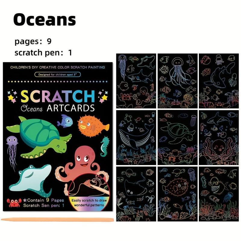 9pcs Scratch Drawing Craft Kit for Kids Birthday Unicorn Dinosaur Ocean