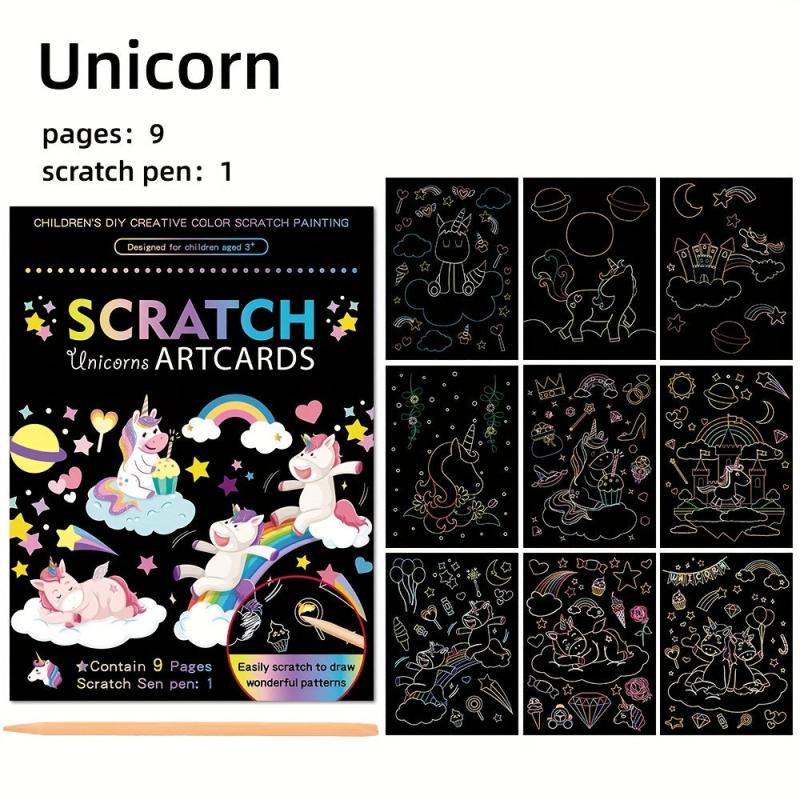 9pcs Scratch Drawing Craft Kit for Kids Birthday Unicorn Dinosaur Ocean