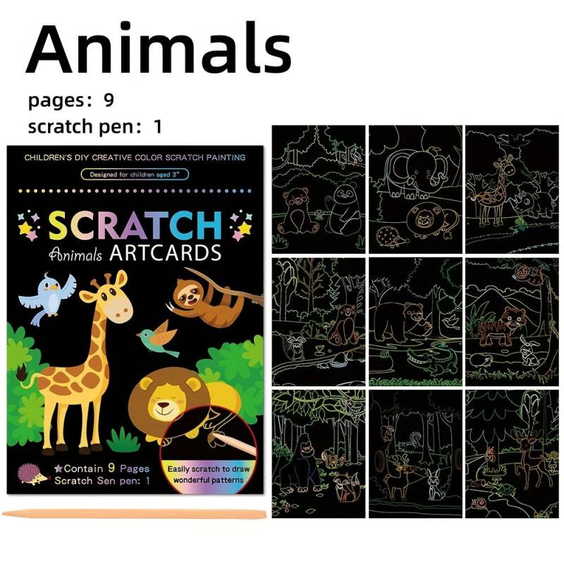 9pcs Scratch Drawing Craft Kit for Kids Birthday Unicorn Dinosaur Ocean