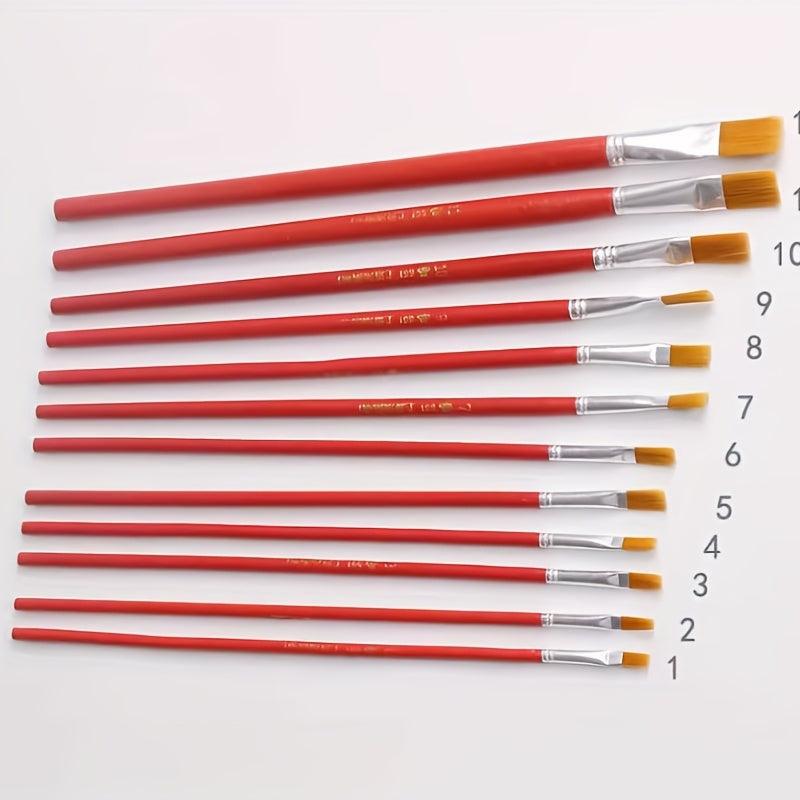 12pcs Pen Brush Red Rod Nylon Hair Flat Head Painting Drawing Pen