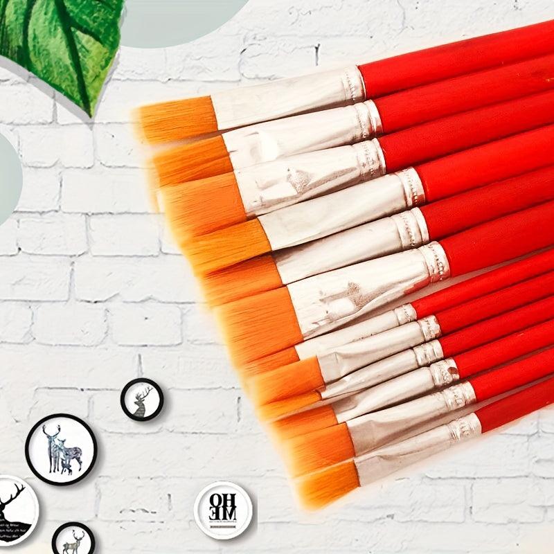12pcs Pen Brush Red Rod Nylon Hair Flat Head Painting Drawing Pen