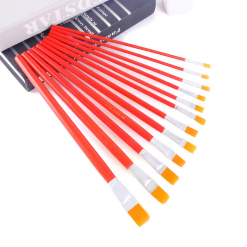 12pcs Pen Brush Red Rod Nylon Hair Flat Head Painting Drawing Pen