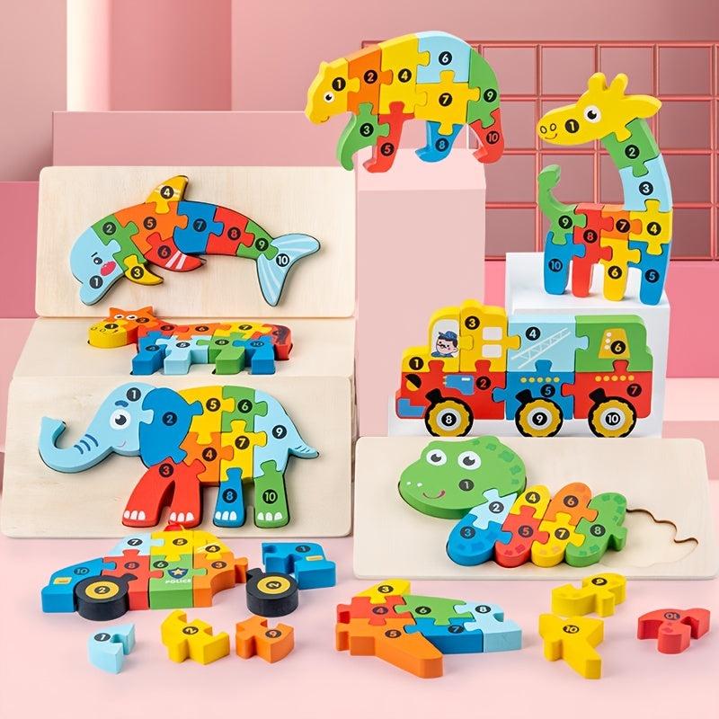 Montessori Wooden Cartoon Animal Car Puzzle For Kids - Dinosaur Education Puzzle