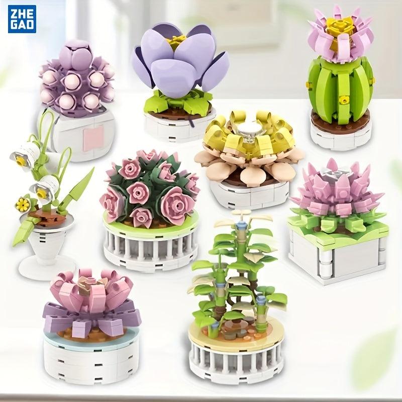 ZHEGAO Succulent Flower Plant Potted Building Blocks Flower Ornament
