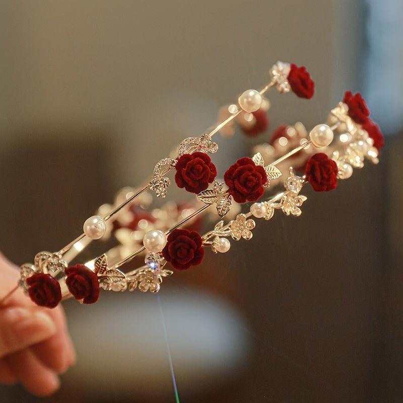 Vintage Style Rose Flower Headband Pearl Hair Accessory for Wedding Bridal