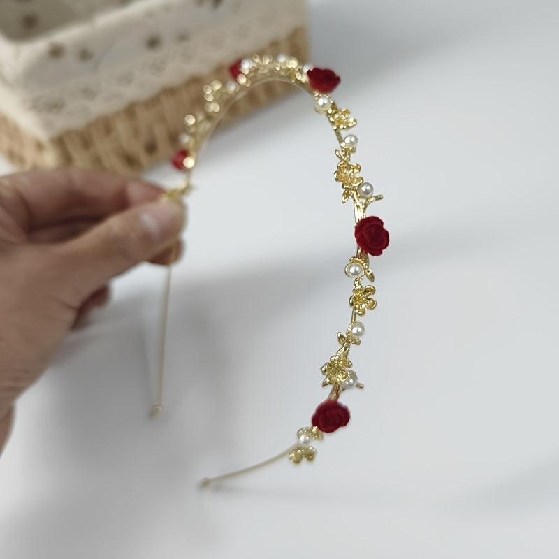 Vintage Style Rose Flower Headband Pearl Hair Accessory for Wedding Bridal