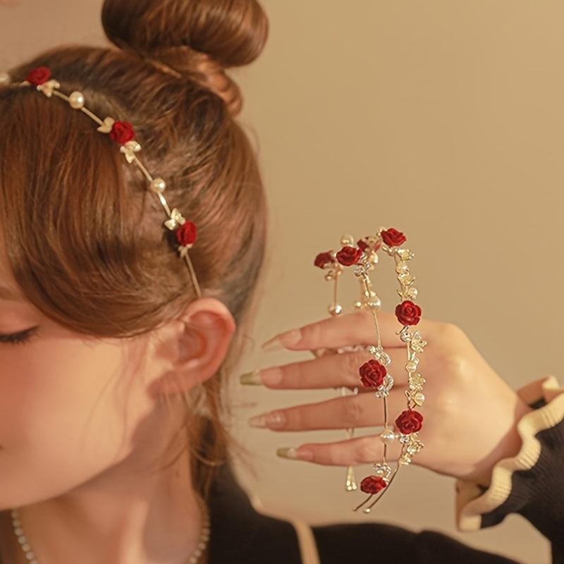 Vintage Style Rose Flower Headband Pearl Hair Accessory for Wedding Bridal