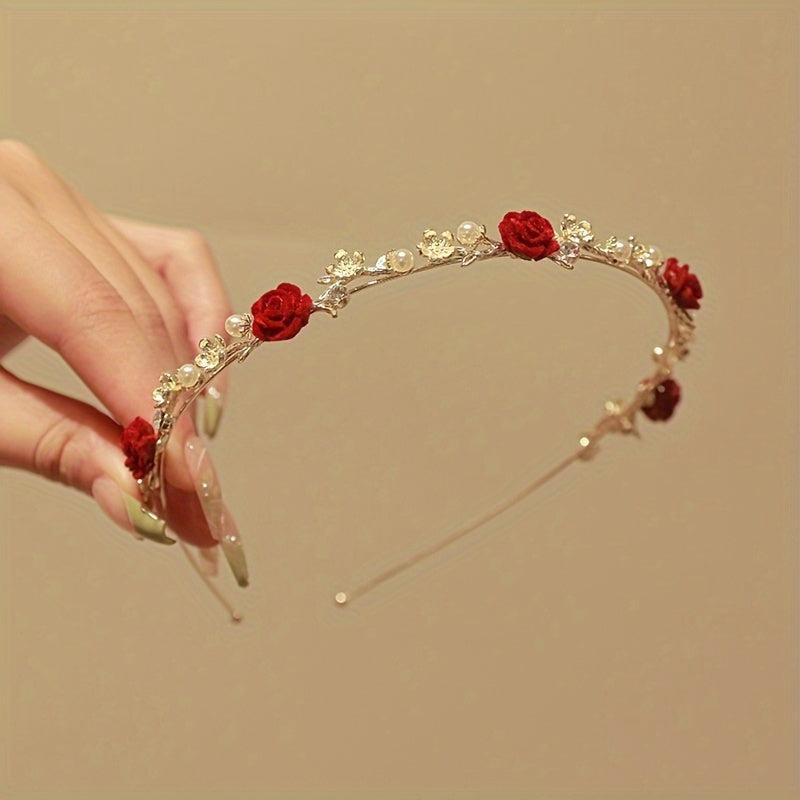 Vintage Style Rose Flower Headband Pearl Hair Accessory for Wedding Bridal