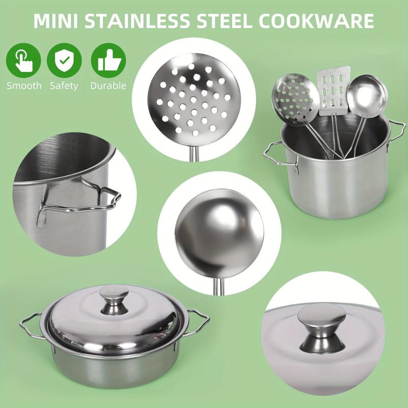 Kids Kitchen Playset Stainless Steel Pots Pans Apron Chef Hat Utensils Play Food