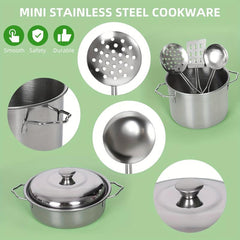 Kids Kitchen Playset Stainless Steel Pots Pans Apron Chef Hat Utensils Play Food