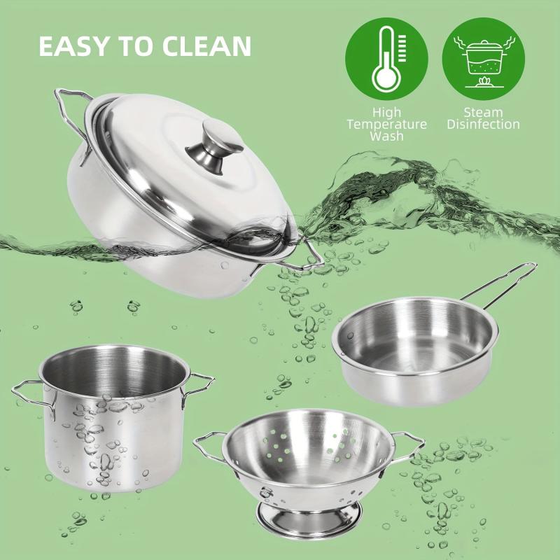 Kids Kitchen Playset Stainless Steel Pots Pans Apron Chef Hat Utensils Play Food