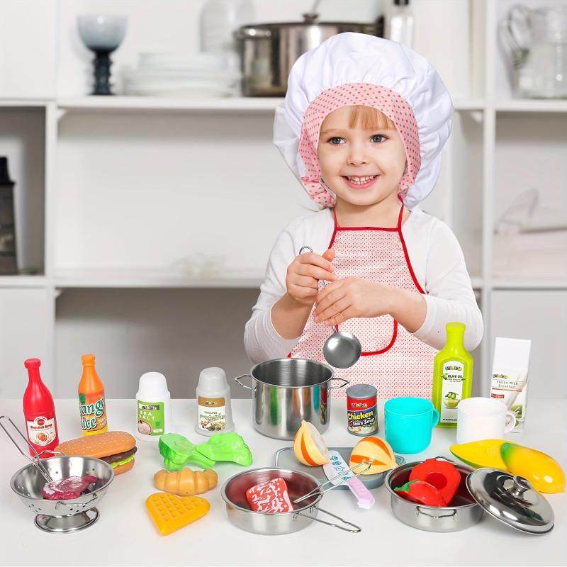 Kids Kitchen Playset Stainless Steel Pots Pans Apron Chef Hat Utensils Play Food