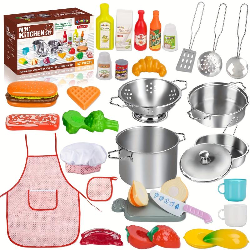 Kids Kitchen Playset Stainless Steel Pots Pans Apron Chef Hat Utensils Play Food