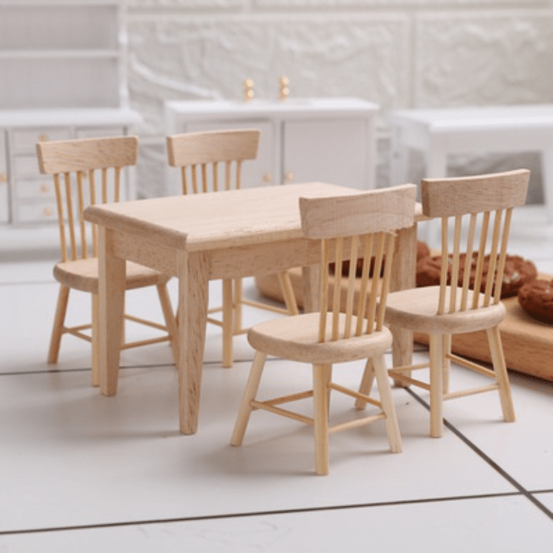 Wooden Dining Table and Chairs Set for Dollhouse Decor