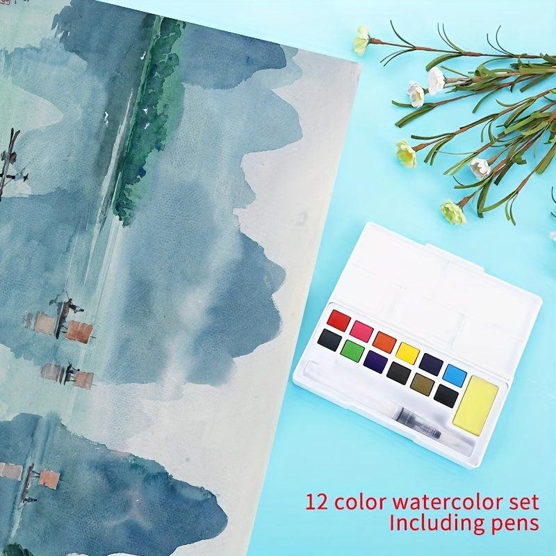 12 Colors Solid Watercolor Set For Adults, Portable Painting Kit