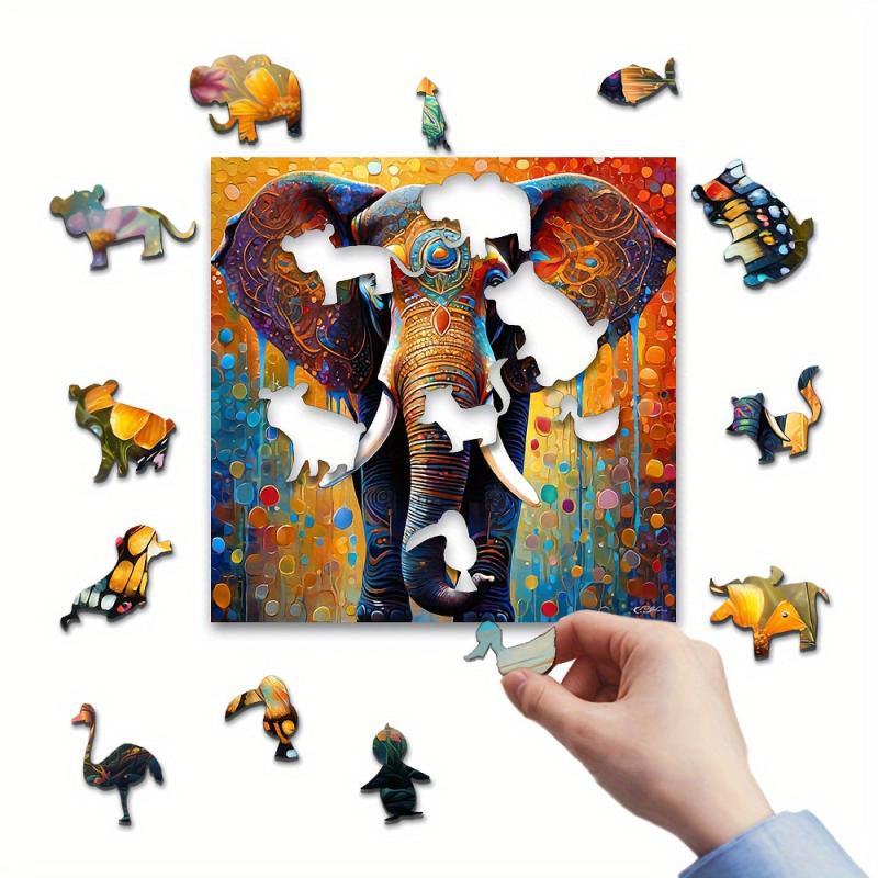 Ink Splashing Elephant Wooden Jigsaw Puzzle Irregular Shape Particles