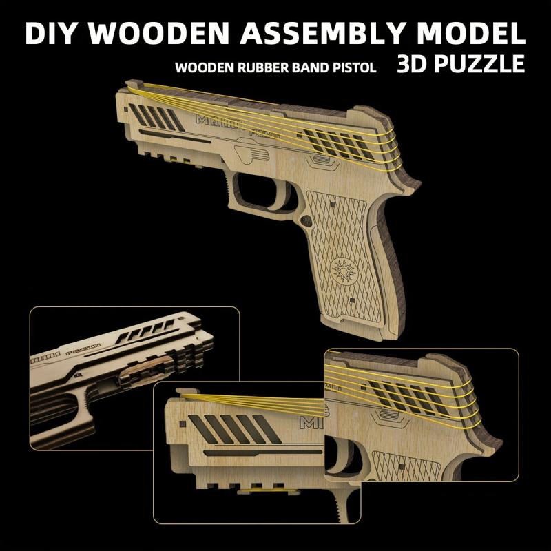 DIY 3D Wooden Rubber Band Pistol Toy Easy Assembly