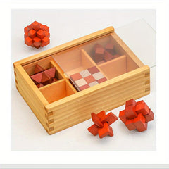 Wooden Brain Puzzle Teaser Kongming Lock with Storage Box