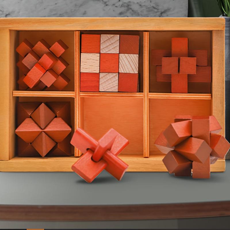 Wooden Brain Puzzle Teaser Kongming Lock with Storage Box