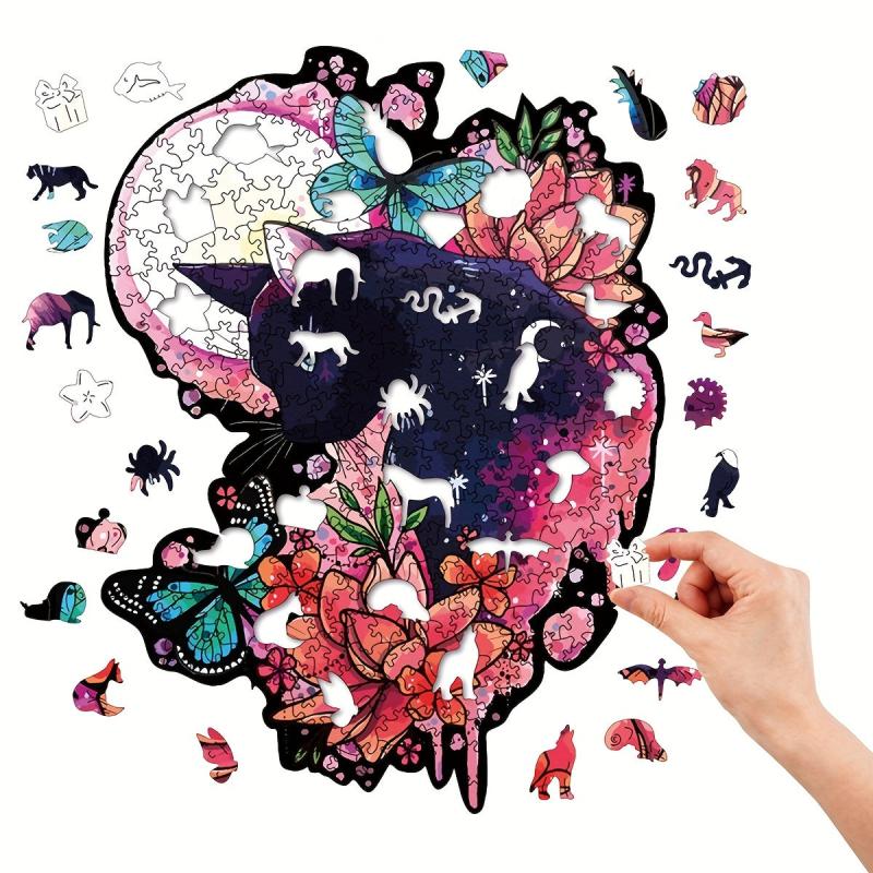 Pink Cat Irregular Wooden Puzzle With Wooden Box