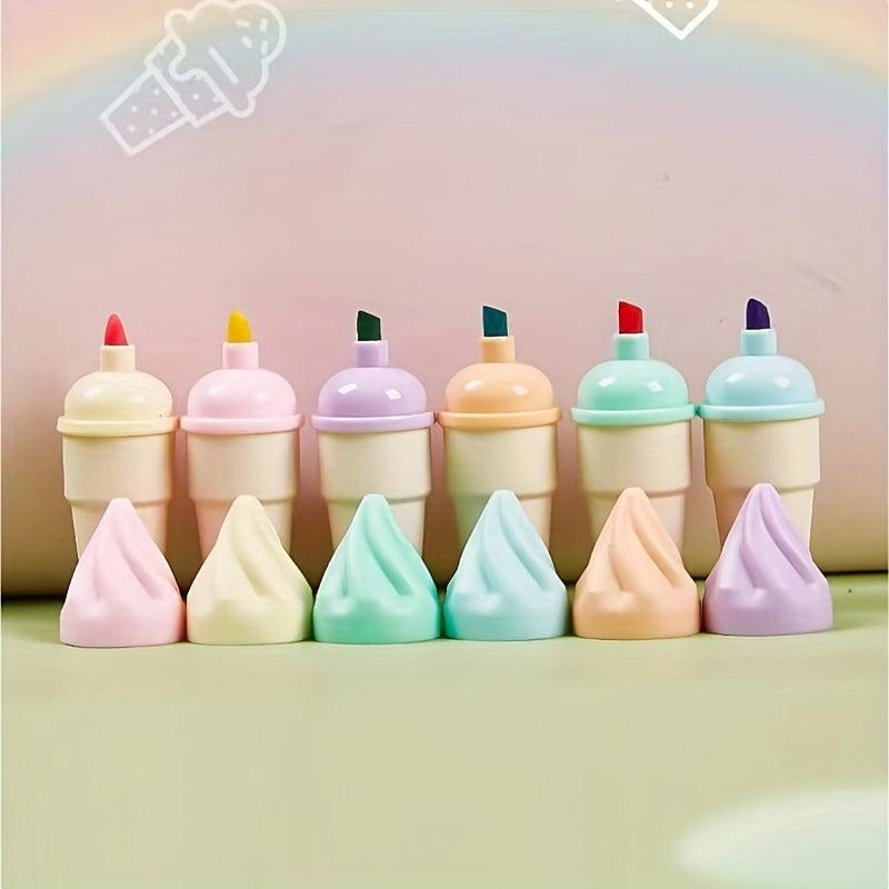 6pcs Cartoon Ice Cream Beetle Shape Highlighters for Students and Adults