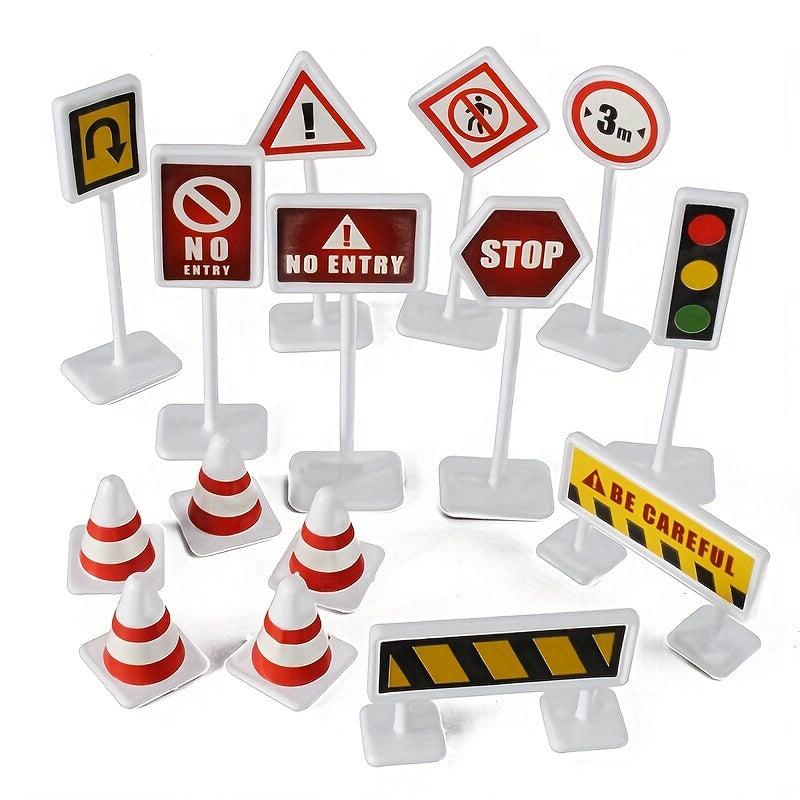 15-in-1 Road Sign Model Toy City Traffic Barrier Signal Light DIY