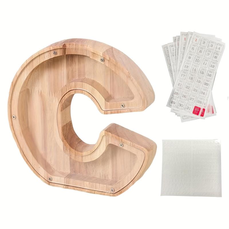 Wooden Alphabet Savings Set Money Jar Gift With 12 Date Stickers