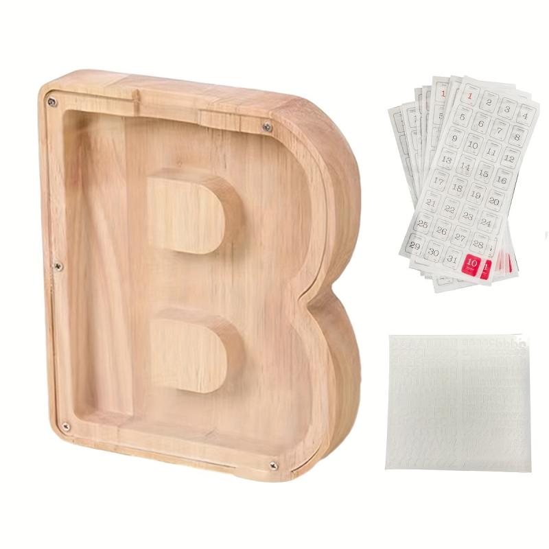 Wooden Alphabet Savings Set Money Jar Gift With 12 Date Stickers