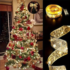Christmas Ribbon LED Light String Satin Tree Decoration Hot Stamping Lanterns