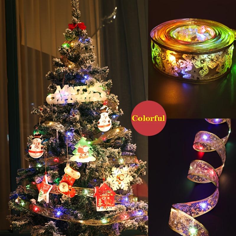 Christmas Ribbon LED Light String Satin Tree Decoration Hot Stamping Lanterns