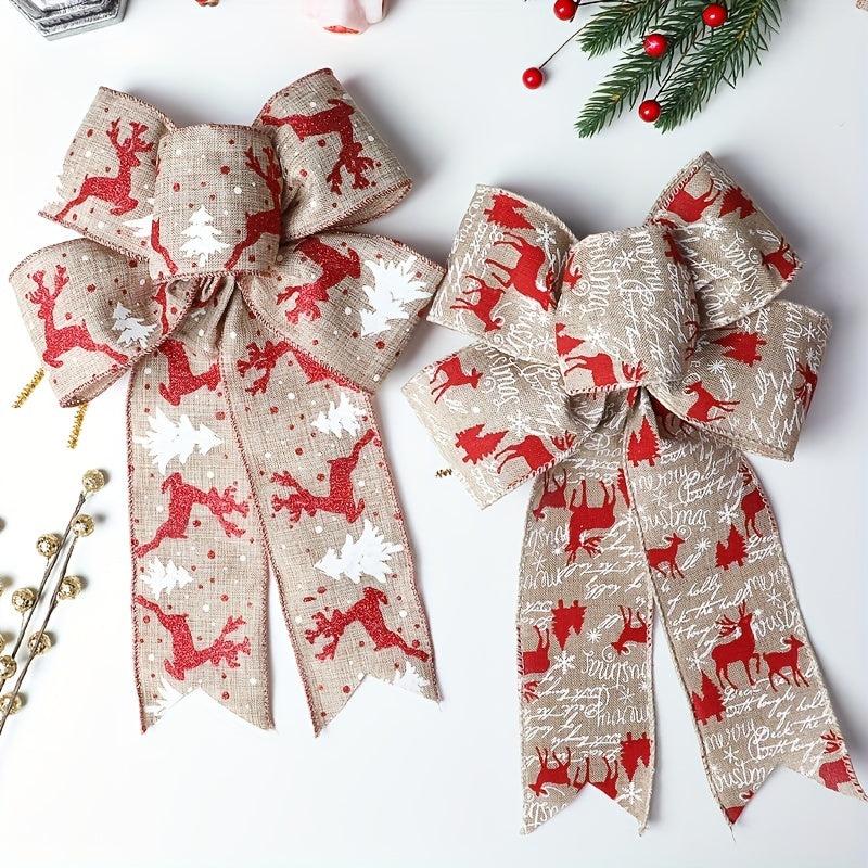 1pc Christmas Bow Ribbon with Hemp Bow and Elk Printed Ribbon