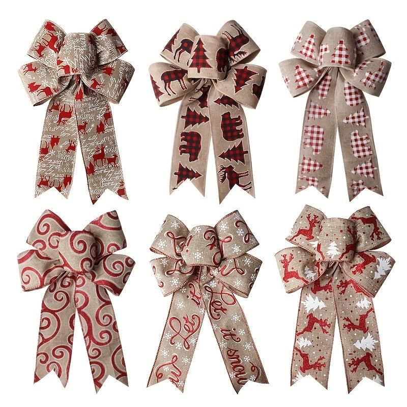 1pc Christmas Bow Ribbon with Hemp Bow and Elk Printed Ribbon