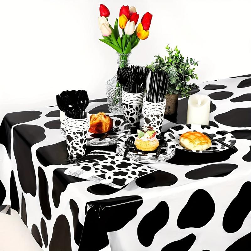 Cow Birthday Party Tableware Set - 12 Plates, 20 Napkins, 12 Cups, 1 Tablecloth