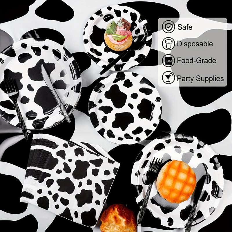 Cow Birthday Party Tableware Set - 12 Plates, 20 Napkins, 12 Cups, 1 Tablecloth