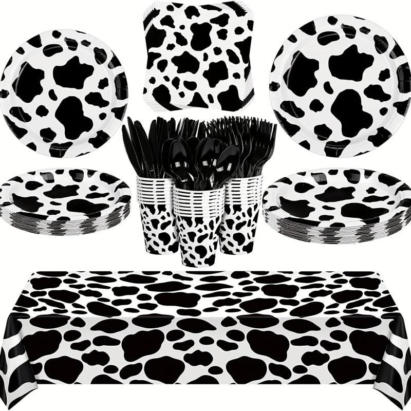 Cow Birthday Party Tableware Set - 12 Plates, 20 Napkins, 12 Cups, 1 Tablecloth