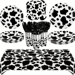 Cow Birthday Party Tableware Set - 12 Plates, 20 Napkins, 12 Cups, 1 Tablecloth