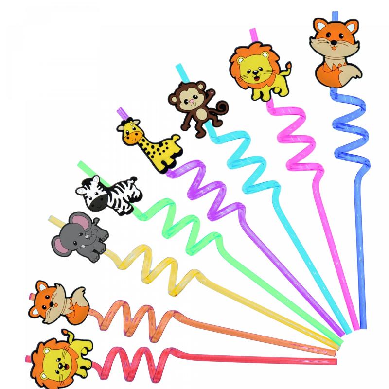 12pcs Animal Plastic Straws Jungle Safari Birthday Decorations