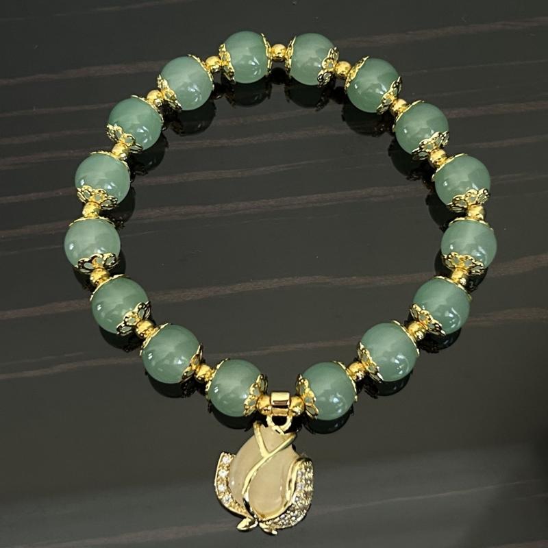 Green Jade Bracelet With Golden Tulip - Perfect Gift for Her