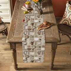 Coffee Cup Cotton Linen Table Runner 13x72 Inch - Heat Resistant & Washable