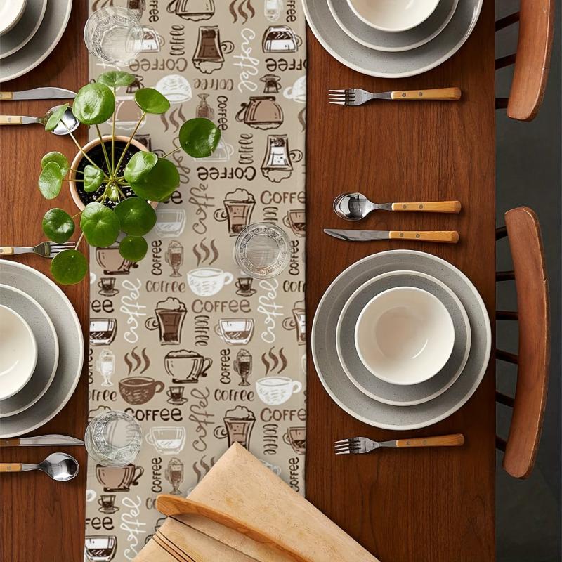 Coffee Cup Cotton Linen Table Runner 13x72 Inch - Heat Resistant & Washable