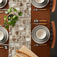Coffee Cup Cotton Linen Table Runner 13x72 Inch - Heat Resistant & Washable