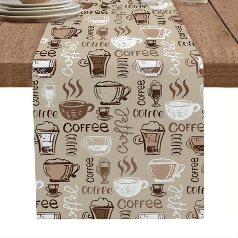 Coffee Cup Cotton Linen Table Runner 13x72 Inch - Heat Resistant & Washable