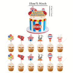35pcs Circus Birthday Decoration Set Animal Balloons Pull Flag Cake Flags